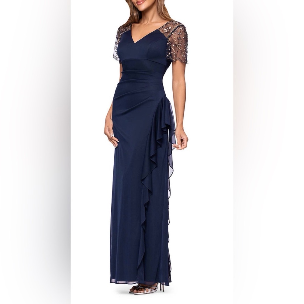 Elegant Navy Lace Cap-Sleeve Evening Dress X by XSCAPE from Belk size 6